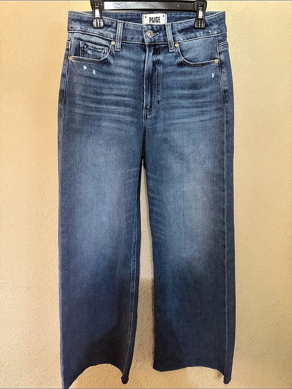 Paige Anessa Raw Hem High Waist Wide Leg Jeans Boot Cut Jeans in Blue Waist 26